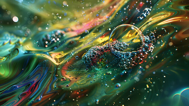 Dynamic abstract dance. Glitter paint. Liquid art. Blended bright green red blue yellow soap bubbles spinning on water with sparkles - Powered by Adobe