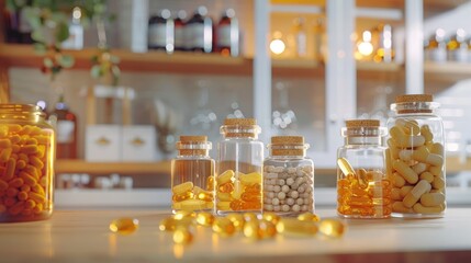 Assorted Supplement Bottles on Wooden Shelf in Sunlit Apothecary Setting