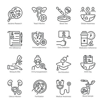 Collection of 16 AIDS Infection Outline Icons 

