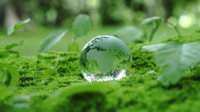 Crystal globe glass on green moss in forest to protect nature Save and care World for sustainable. concept of the environment ecology and Earth Day. eco environment and ESG concept.	