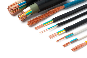 Various Electrical Wires With Exposed Copper Strands on White Background
