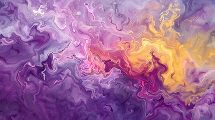 Obraz premium Fantasy-inspired abstraction showcasing ethereal tones on a mystical lavender background, featuring citrine yellow, fairy pink, and unicorn purple swirling into a magical pool