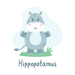 Childrens cute animal hippopotamus. African animals, wildlife. Cute character. Flat vector illustration for children