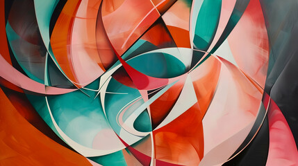 Fototapeta premium Futuristic creation featuring an abstract figure in vibrant rose and jade hues, outlined with elegant curves and a deep tangerine filling