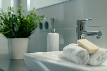 Clean modern bathroom with single soap dispenser