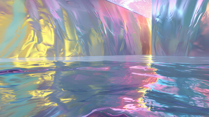 Futuristic interpretation with metallic tones on a slate blue background, as golden yellow, metallic pink, and iridescent purple mix into a futuristic pool