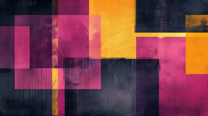 Geometric modern art with contrasting colors on a deep charcoal background, where mustard yellow, cherry blossom pink, and eggplant purple blend in a structured pool