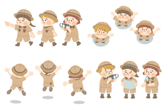 探検服を着た子ども達のイラストセット