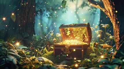 3d Magical forest with a hidden sparkling treasure chest