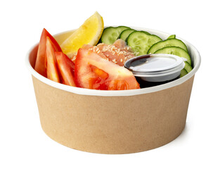 Take out poke bowl isolated on white background