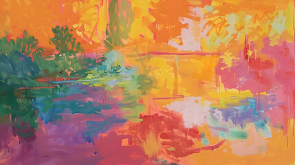 Impressionistic portrayal of vibrant hues on a sunset orange backdrop, with lemon yellow, coral pink, and orchid purple splashes creating a harmonious pool