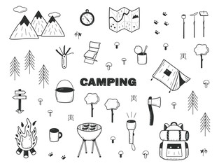 Camping doodle icons set. Vector illustration of hiking elements. Isolated on white sketch, hiking logo concept.