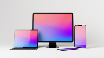 Flat lay of multiple electronic devices including laptops, tablets, and smartphones, set against a white background.