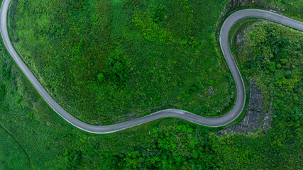 Aerial view road through the green forest on mountain road, Car drive on asphalt road going through green forest, Curved road from above.