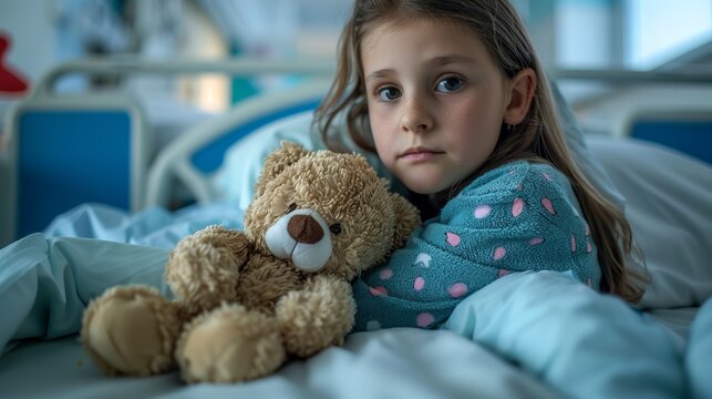A sick child in the hospital lies in bed hugging a teddy bear. The style is realistic and the purpose shows compassion and care in a healthcare setting. The scene is emotional and heartfelt. AI
