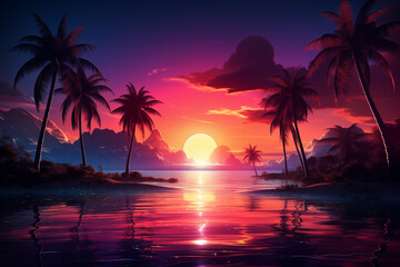 Tropical sunset over beach with palm tree silhouettes. Tropical island with palm trees beach by the sea background. Summer vacation illustration.