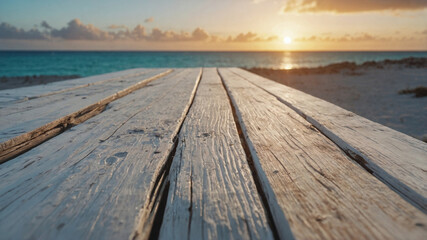 A wooden table with a view of the ocean