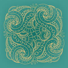 Sophisticated teal and gold mandala with intricate swirls patterns symbolizes craftsmanship cultural elegance