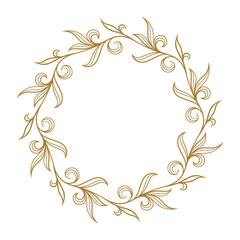 Golden wreath with floral details, ideal for invitations, designs, and decor. Chic, intricate, and elegant frame.