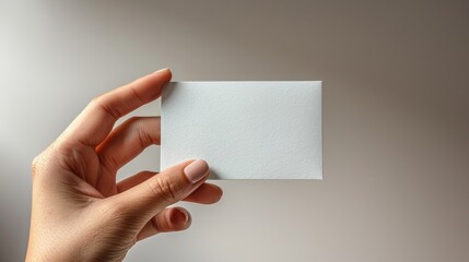 Hand holding blank business card on neutral background, close-up. Personal branding and identity concept