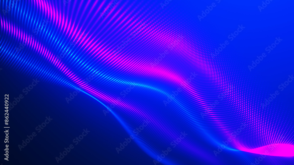 Fototapete Futuristic dot wave. Abstract digital particle wave. Technology background. Colored musical wave. Dark background. Digital background with smooth, wavy curves. 3D rendering