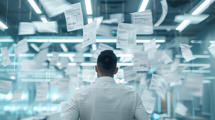 Fototapeta premium In a modern office setting, a distressed individual views augmented reality projections of unpaid bills and a bankruptcy form hovering in the air. The scene is filled with a sense of financial