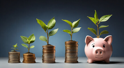 Symbolic representations of economic concepts, such as stacks of coins, growing plants in a piggy bank, or a rising graph
