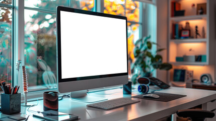 Fototapeta premium The designer's office, bright and white, includes a computer screen with product design graphics. The room's walls are embellished with paper showcasing artistic color