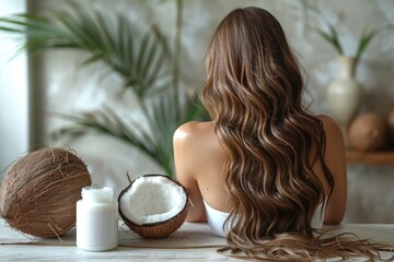 Photo of coconut extract, coconut cream for hair care, Generative AI