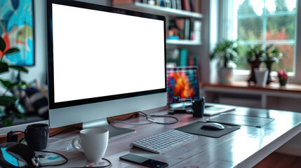 Fototapeta premium The designer's office, bright and white, includes a computer screen with product design graphics. The room's walls are embellished with paper showcasing artistic color