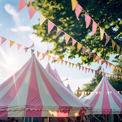 closeup of white and pink colour striped tents at music festival with hanging paper decoration