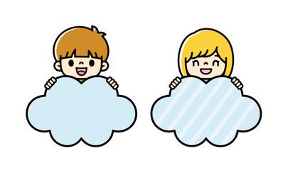 テキスト、バナー、広告用の雲の形のボードを持つ男の子と女の子のイラストセット