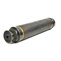 Isolated view of a Vintage Antique Early Marine Ships Telescope Pirate’s Spyglass 3 Draw 29” Long on a white background