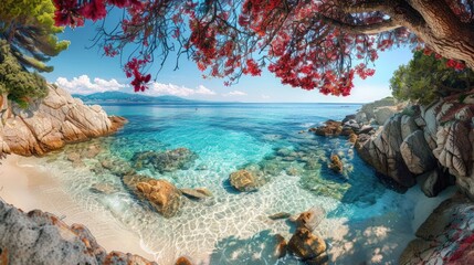 A beautiful beach with a tree in the background. Generate AI image