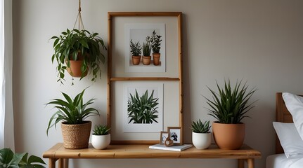 Scandinavian room interior with mock up photo frame on brown bamboo shelf.generative.ai