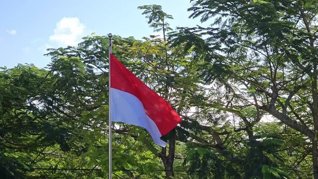 The Indonesian flag flutters in the wind on a pole with a blue sky and greenery background