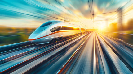 Hyperloop Train Speeding Through Landscape. A futuristic Hyperloop train speeding through a rural landscape at sunrise, representing innovative transportation technology and high-speed travel.