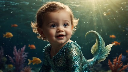 The image shows a baby girl in a mermaid