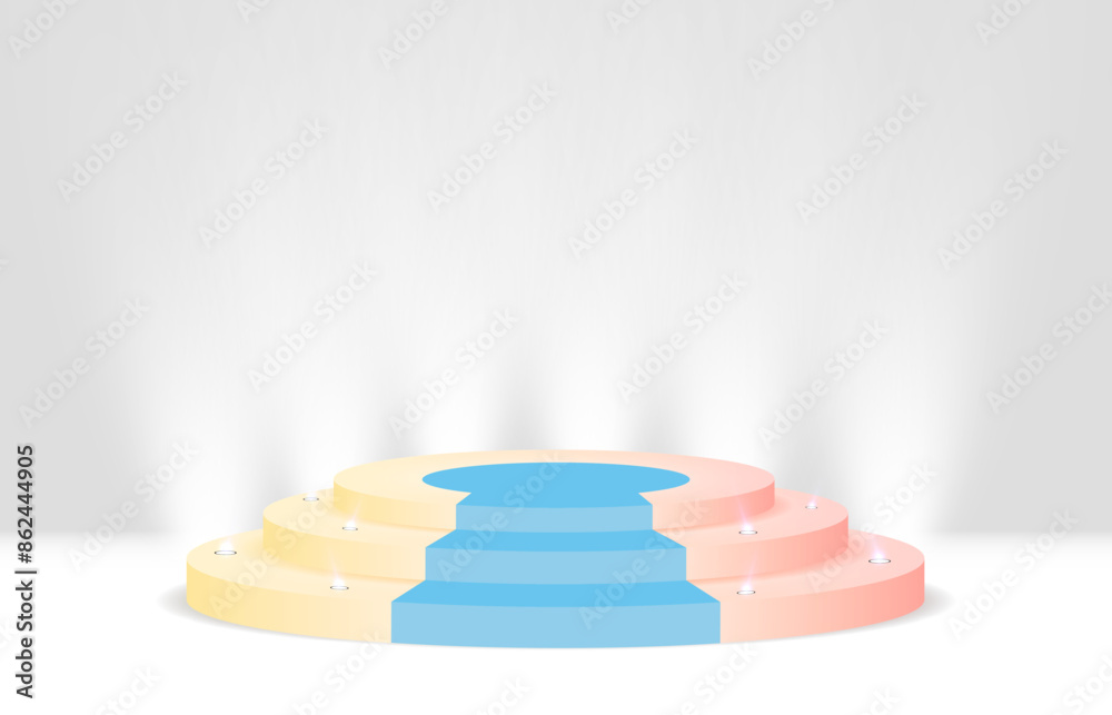 Poster round podium pedestal illuminated by bright spotlights. empty pedestal for web design and vector ill