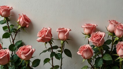 Obraz premium There are several pink roses with long stems against a white background.