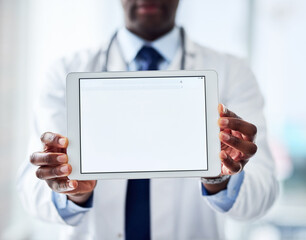 Tablet screen, mockup and doctor hands at hospital for healthcare news, help or faq presentation. Digital, space or man surgeon at clinic with how to, steps and Telehealth consulting, app or sign up