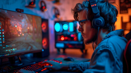pro gamer man in headphones live streaming while playing online computer game, neon lights, esports, gaming, monitor, play, young, player, internet, enjoyment, cyber, e sport. 
