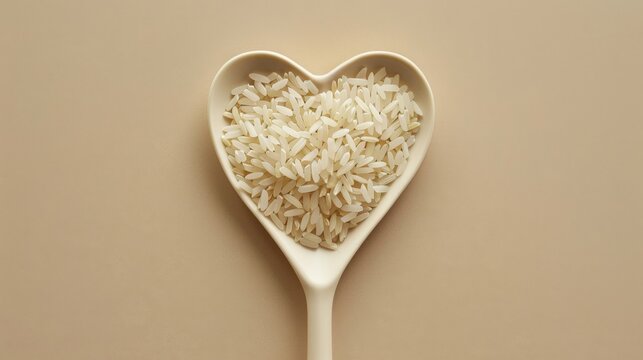 Heart-shaped spoon filled with rice grains, minimalistic beige background. Food and love concept