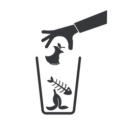 Isolated pictogram organic trash bon, with illustration hand throw fishbone, apple, banana