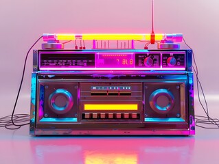 Desing of Boombox with led light in studio background.