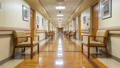 Empty hospital corridor with chairs. AI.