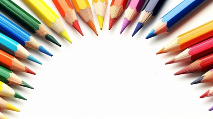 Fototapeta premium Close-up of a semicircle of various colored sharpened pencils against a white background. AI.