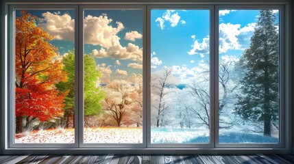 A window view showcasing four seasons: autumn, spring, summer, and winter with vibrant and contrasting landscapes.