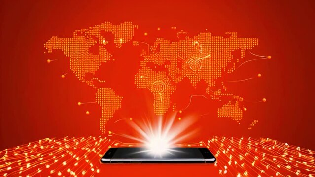 A orange background with an orange world map made of dots in the center. There is a black smartphone below the map with a bright light shining from it.