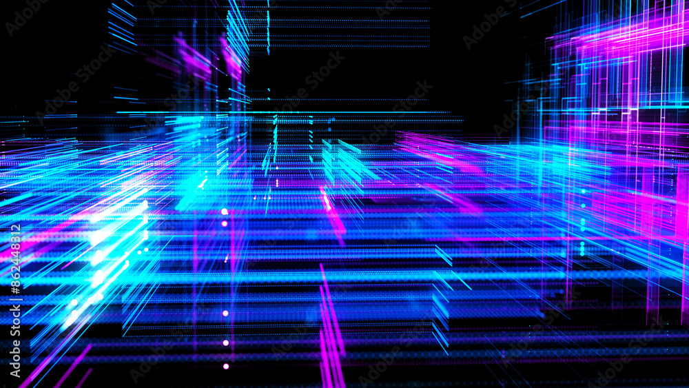 Poster abstract techno background. three-dimensional composition of intersecting multi-colored grids. infor